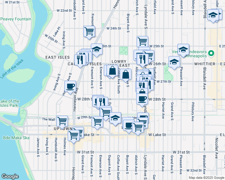 map of restaurants, bars, coffee shops, grocery stores, and more near 2705 Dupont Avenue South in Minneapolis