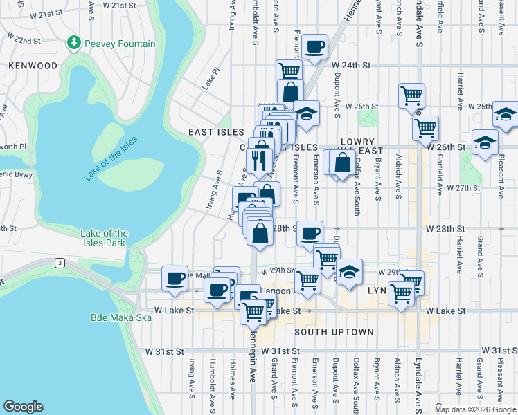 map of restaurants, bars, coffee shops, grocery stores, and more near 1419 West 27th Street in Minneapolis