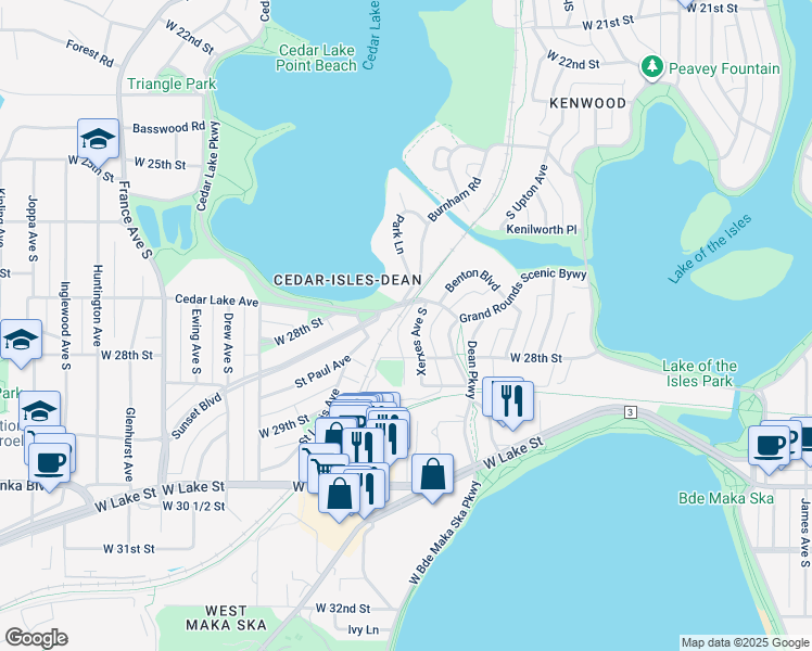 map of restaurants, bars, coffee shops, grocery stores, and more near 3400 Cedar Lake Parkway in Minneapolis