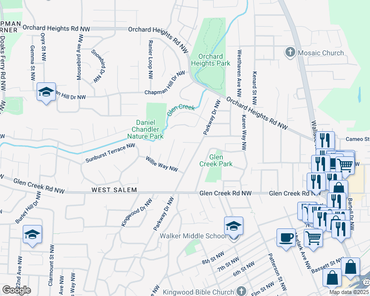 map of restaurants, bars, coffee shops, grocery stores, and more near 1286 Lottie Lane Northwest in Salem