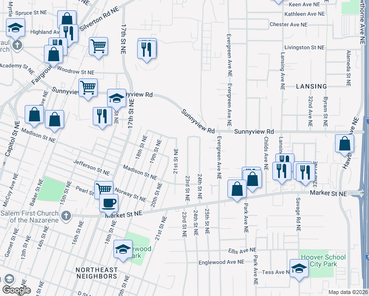 map of restaurants, bars, coffee shops, grocery stores, and more near 1975 23rd Street Northeast in Salem