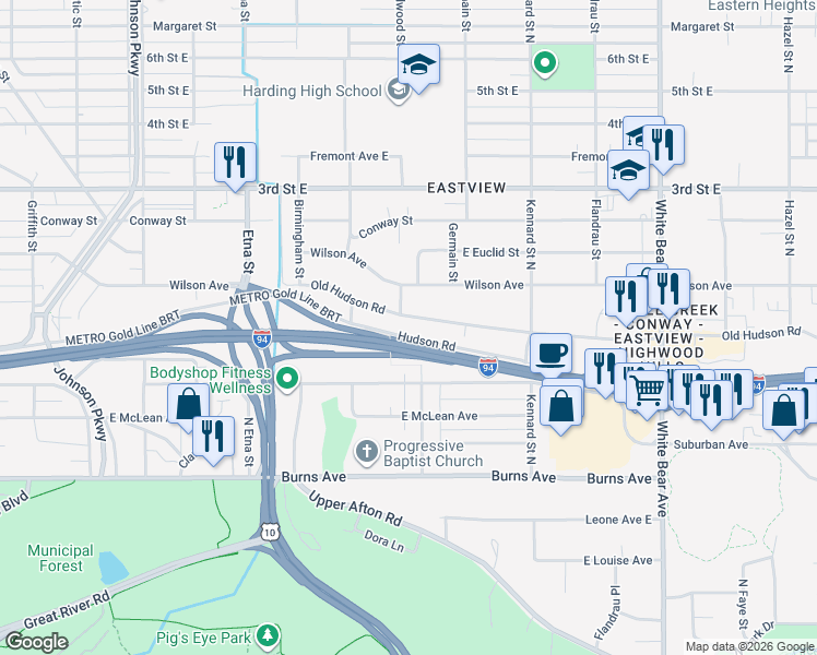 map of restaurants, bars, coffee shops, grocery stores, and more near 1555 Old Hudson Road in Saint Paul