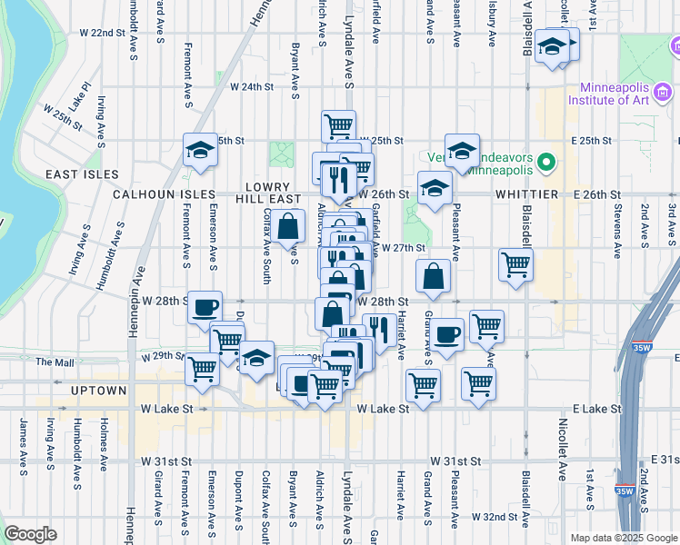 map of restaurants, bars, coffee shops, grocery stores, and more near 2705 Lyndale Avenue South in Minneapolis