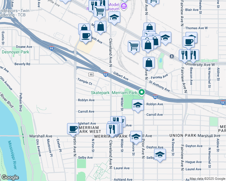 map of restaurants, bars, coffee shops, grocery stores, and more near in Saint Paul
