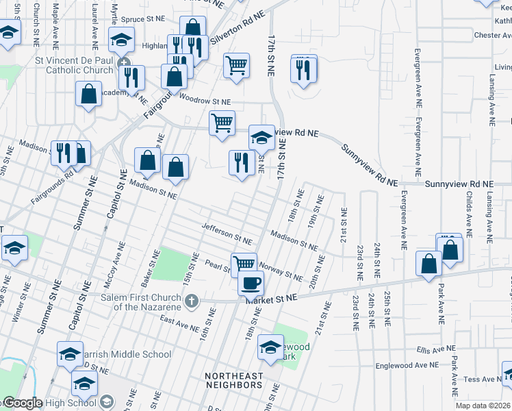 map of restaurants, bars, coffee shops, grocery stores, and more near 1630 Grant Street Northeast in Salem