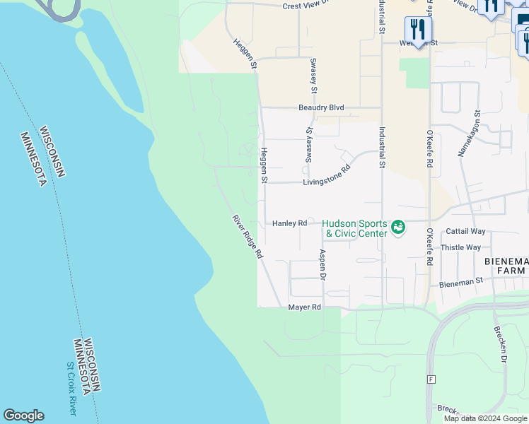 map of restaurants, bars, coffee shops, grocery stores, and more near 1551 Heggen Street in Hudson
