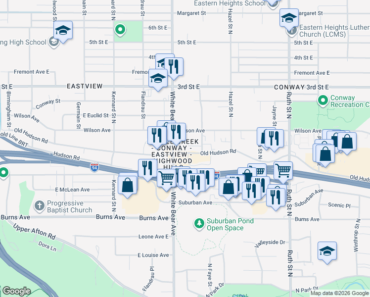map of restaurants, bars, coffee shops, grocery stores, and more near 400 White Bear Avenue in Saint Paul