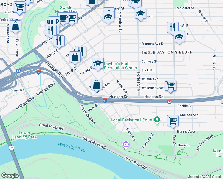 map of restaurants, bars, coffee shops, grocery stores, and more near 736 Wilson Avenue in Saint Paul