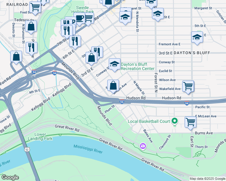 map of restaurants, bars, coffee shops, grocery stores, and more near 695 Euclid Street in Saint Paul