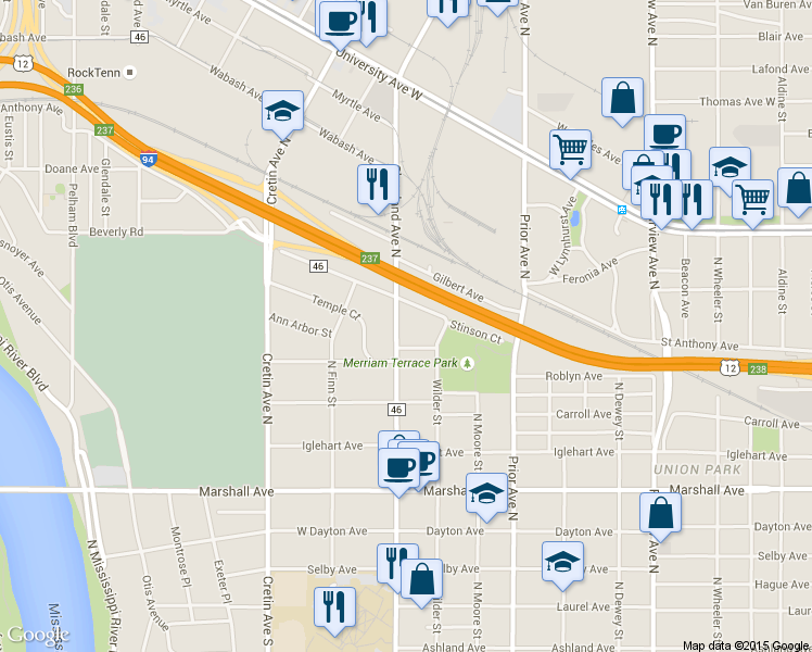 map of restaurants, bars, coffee shops, grocery stores, and more near in Saint Paul