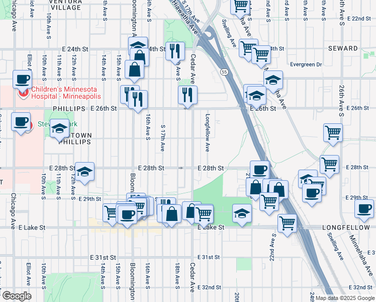 map of restaurants, bars, coffee shops, grocery stores, and more near 2706 Cedar Avenue in Minneapolis