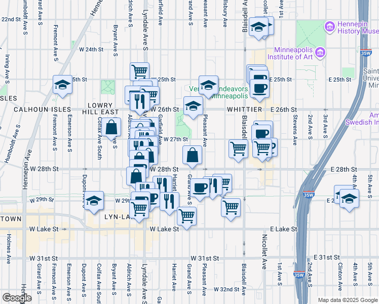 map of restaurants, bars, coffee shops, grocery stores, and more near 2703 Harriet Avenue in Minneapolis