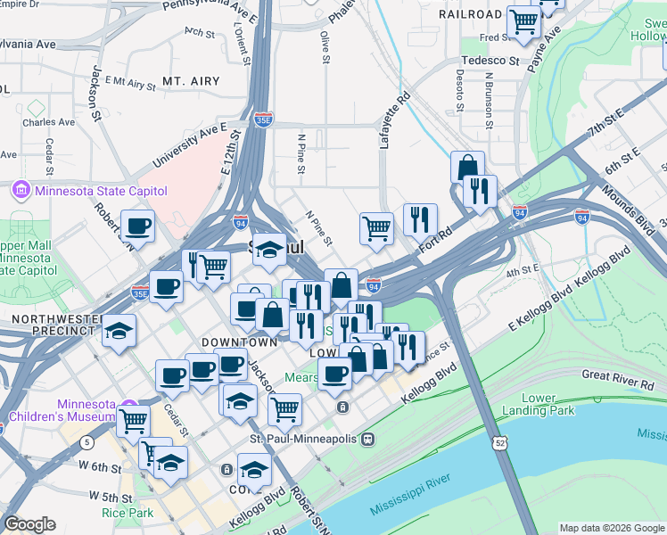 map of restaurants, bars, coffee shops, grocery stores, and more near 330 9th Street East in Saint Paul