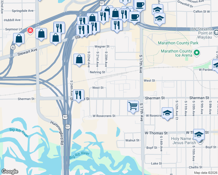 map of restaurants, bars, coffee shops, grocery stores, and more near 2110 West Street in Wausau