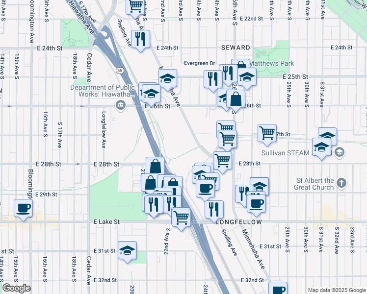 map of restaurants, bars, coffee shops, grocery stores, and more near 2650 Minnehaha Avenue in Minneapolis