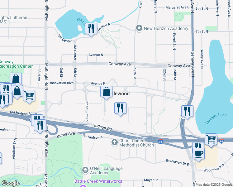 map of restaurants, bars, coffee shops, grocery stores, and more near in Maplewood