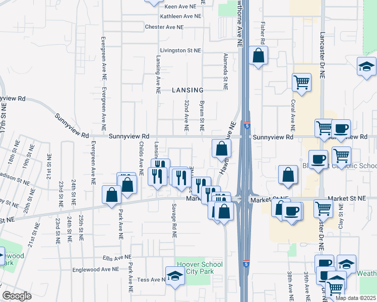 map of restaurants, bars, coffee shops, grocery stores, and more near 3213 Roosevelt Street Northeast in Salem
