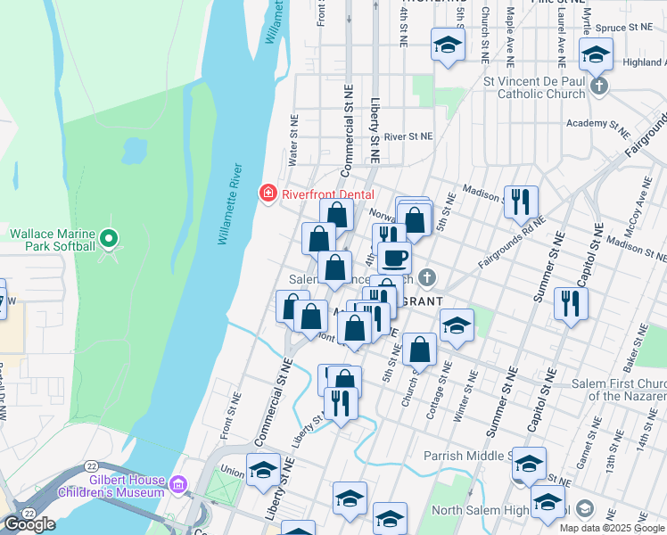 map of restaurants, bars, coffee shops, grocery stores, and more near 1357 Liberty Street Northeast in Salem