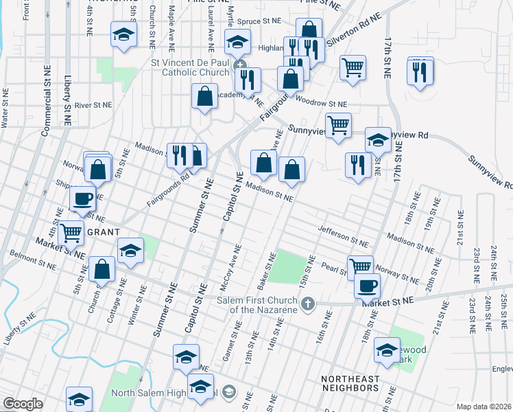 map of restaurants, bars, coffee shops, grocery stores, and more near 1105 Jefferson Street Northeast in Salem