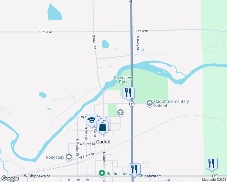 map of restaurants, bars, coffee shops, grocery stores, and more near 650 North Main Street in Cadott