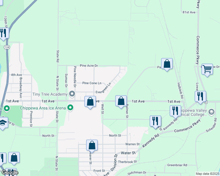 map of restaurants, bars, coffee shops, grocery stores, and more near 1040 Pine Cone Lane in Chippewa Falls