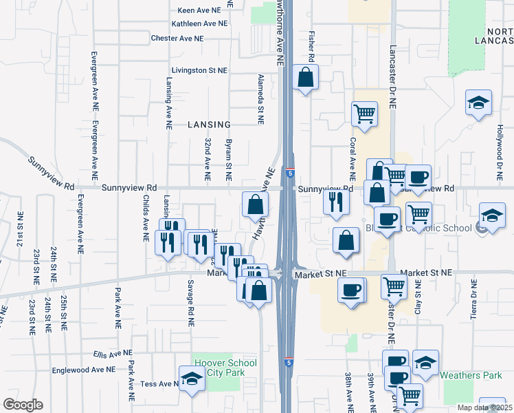 map of restaurants, bars, coffee shops, grocery stores, and more near 3394 Sunnyview Road Northeast in Salem