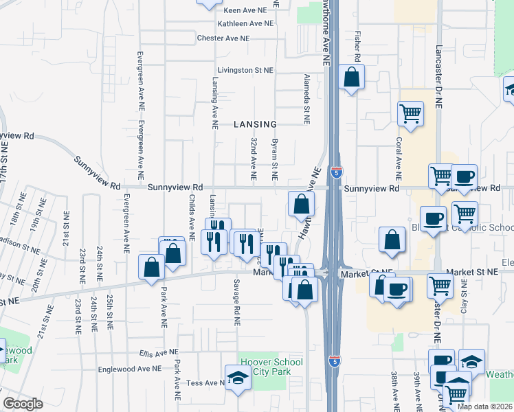map of restaurants, bars, coffee shops, grocery stores, and more near 3213 Roosevelt Street Northeast in Salem