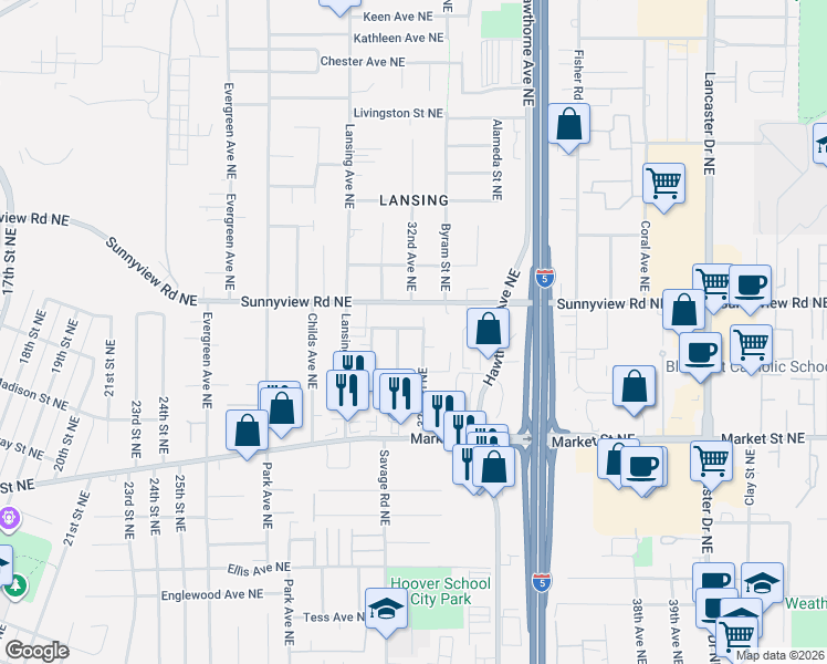 map of restaurants, bars, coffee shops, grocery stores, and more near 3213 Roosevelt Street Northeast in Salem