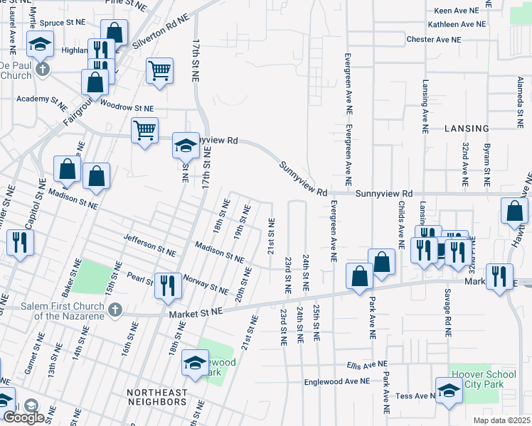 map of restaurants, bars, coffee shops, grocery stores, and more near 1960 Garfield Street Northeast in Salem
