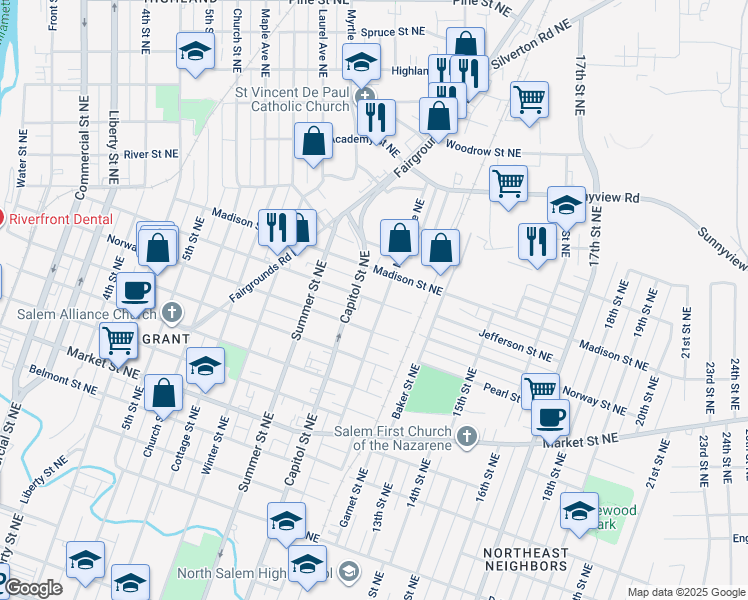 map of restaurants, bars, coffee shops, grocery stores, and more near 1730 Capitol Street Northeast in Salem