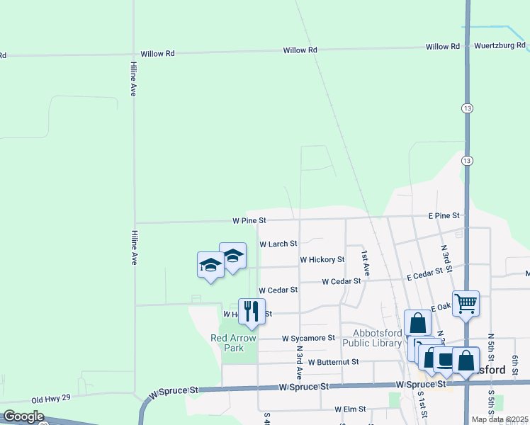 map of restaurants, bars, coffee shops, grocery stores, and more near 310 West Pine Street in Abbotsford