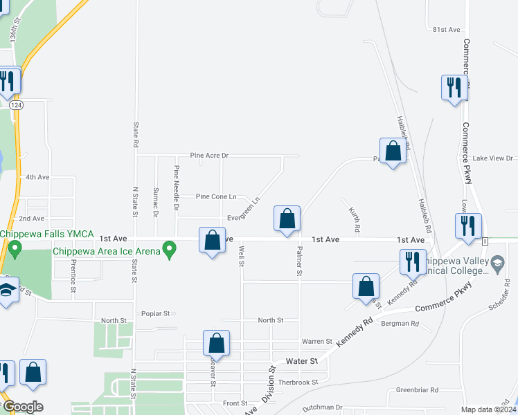 map of restaurants, bars, coffee shops, grocery stores, and more near 1040 Pine Cone Lane in Chippewa Falls