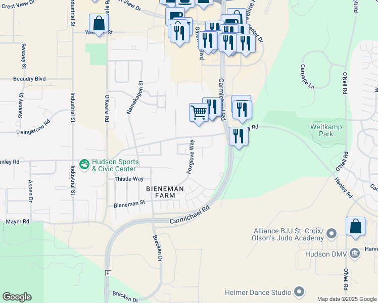 map of restaurants, bars, coffee shops, grocery stores, and more near 2401 Monetary Boulevard in Hudson