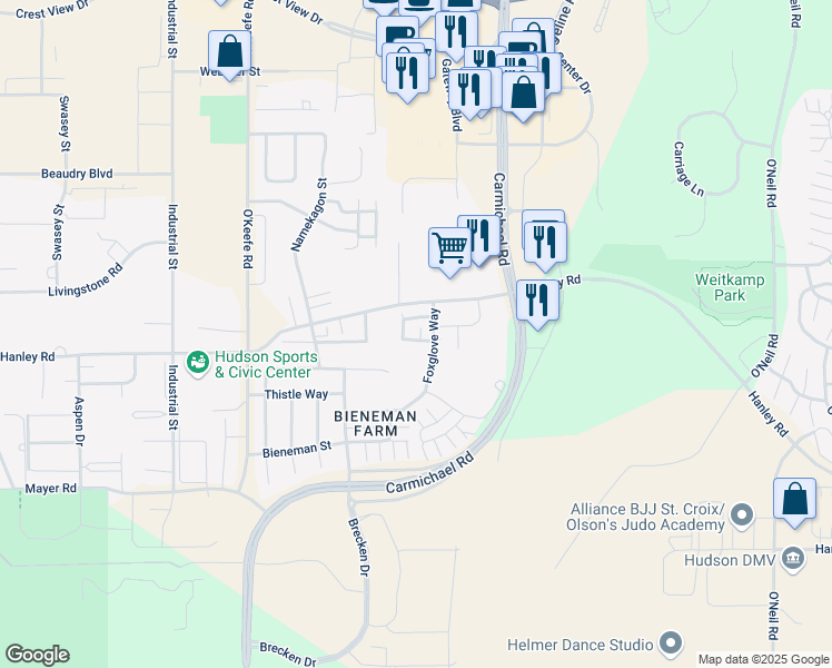 map of restaurants, bars, coffee shops, grocery stores, and more near 2428 Foxglove Circle in Hudson