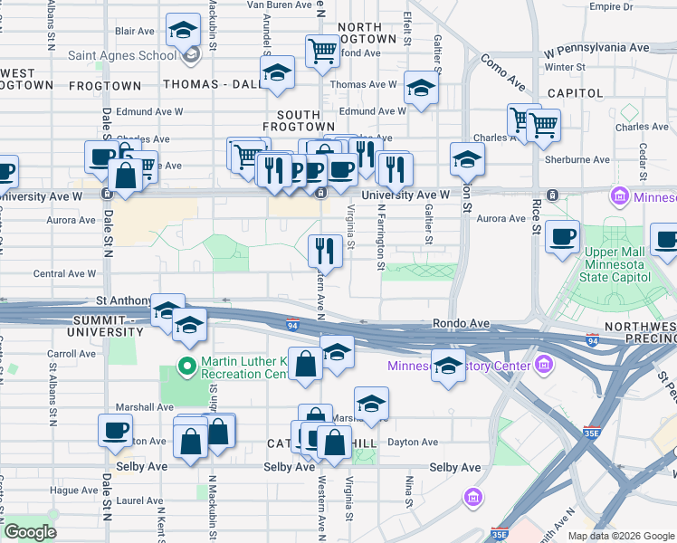 map of restaurants, bars, coffee shops, grocery stores, and more near 360 West Fuller Avenue in Saint Paul