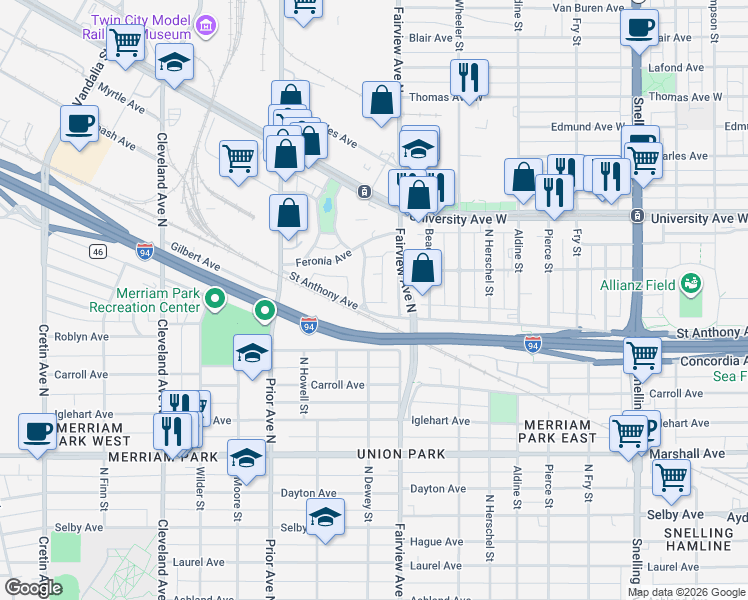 map of restaurants, bars, coffee shops, grocery stores, and more near 400 North Dewey Street in Saint Paul