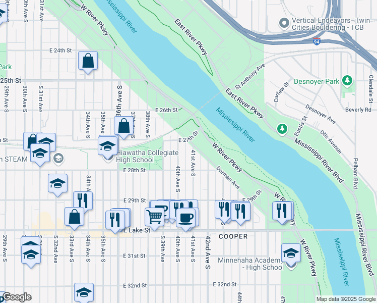 map of restaurants, bars, coffee shops, grocery stores, and more near 4013 East 27th Street in Minneapolis