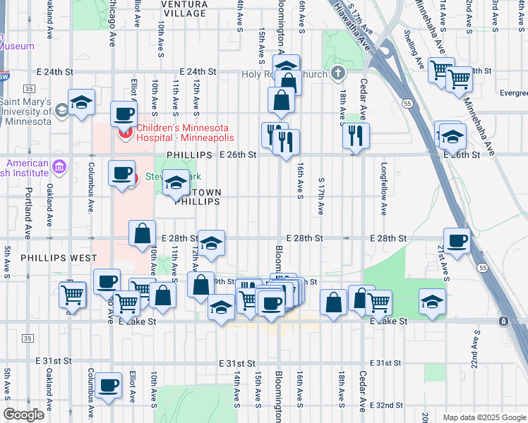 map of restaurants, bars, coffee shops, grocery stores, and more near 2701 South 15th Avenue in Minneapolis