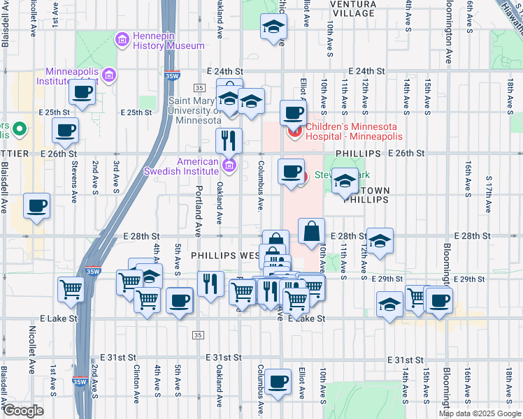 map of restaurants, bars, coffee shops, grocery stores, and more near 2709 Columbus Avenue in Minneapolis