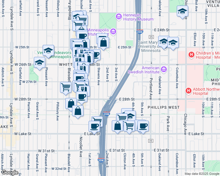 map of restaurants, bars, coffee shops, grocery stores, and more near 2728 3rd Avenue South in Minneapolis