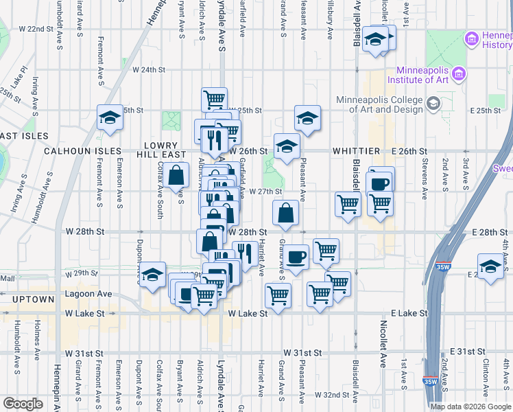 map of restaurants, bars, coffee shops, grocery stores, and more near 519 West 27th Street in Minneapolis