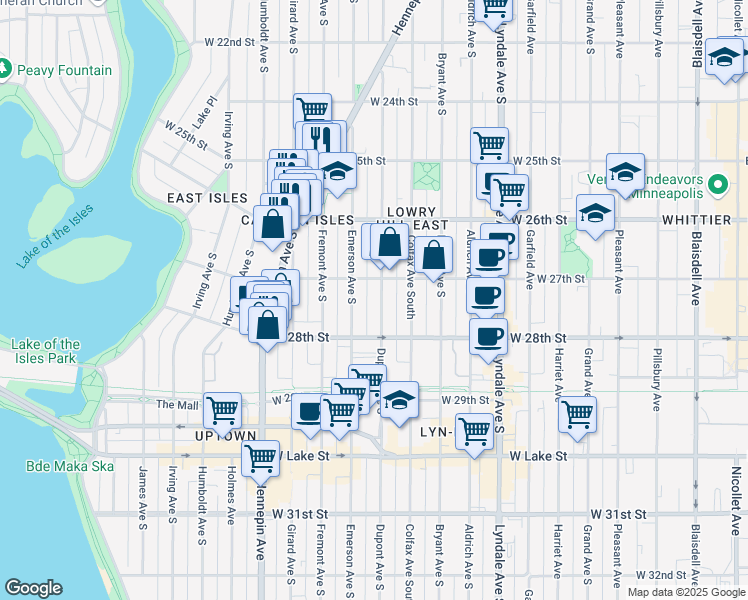 map of restaurants, bars, coffee shops, grocery stores, and more near 2709 Emerson Avenue South in Minneapolis