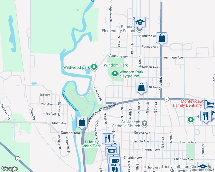 map of restaurants, bars, coffee shops, grocery stores, and more near 105 Miawakon Avenue in Montevideo