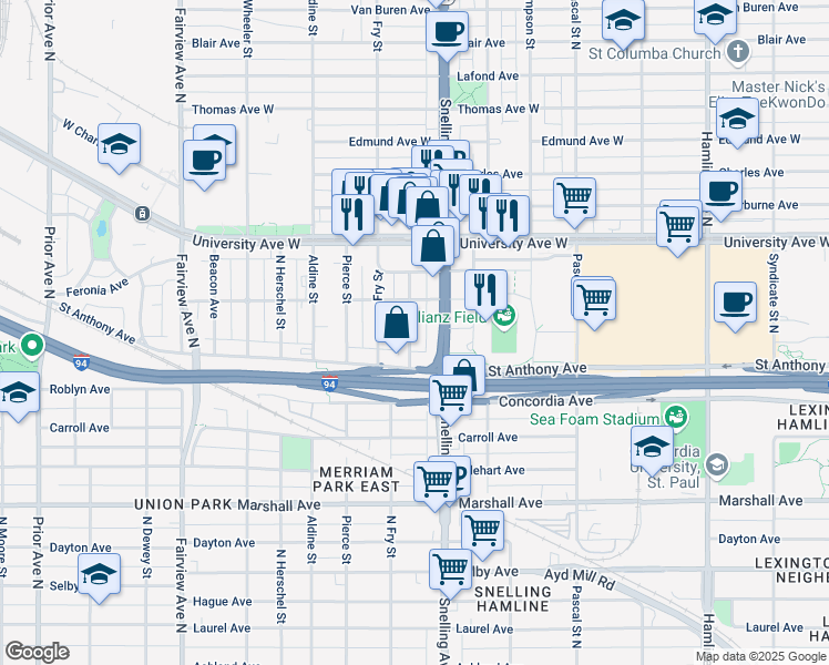 map of restaurants, bars, coffee shops, grocery stores, and more near 420 North Roy Street in Saint Paul