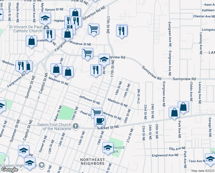 map of restaurants, bars, coffee shops, grocery stores, and more near 1955 17th Street Northeast in Salem