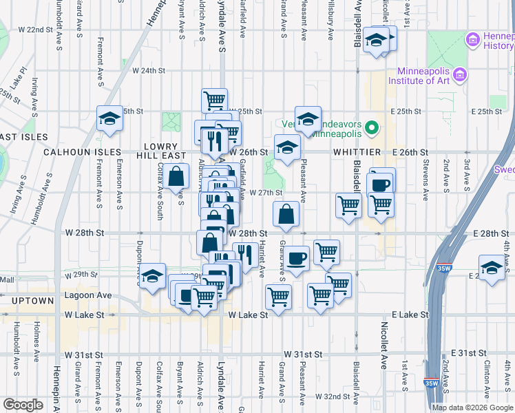 map of restaurants, bars, coffee shops, grocery stores, and more near 519 West 27th Street in Minneapolis