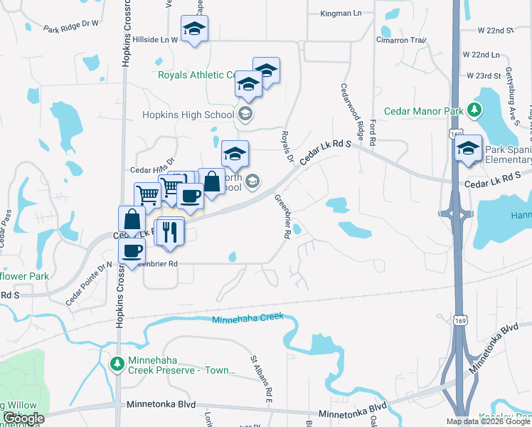 map of restaurants, bars, coffee shops, grocery stores, and more near 10411 Cedar Lake Road in Hopkins