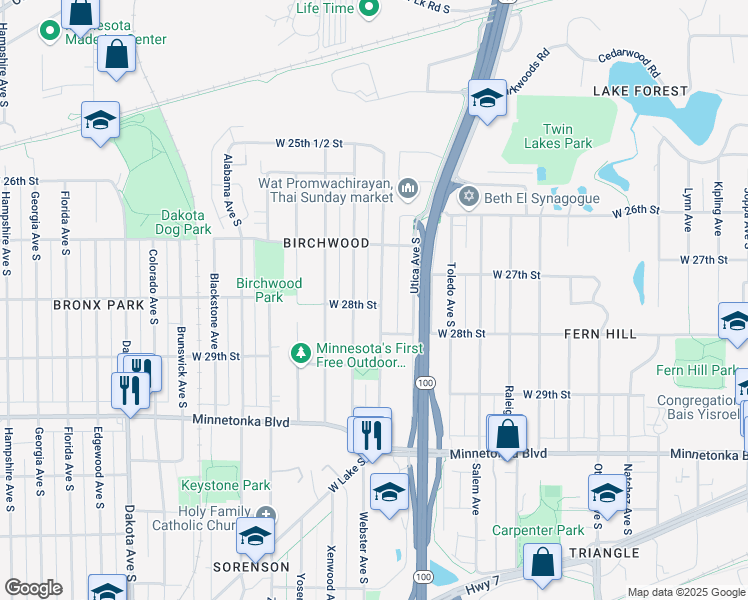 map of restaurants, bars, coffee shops, grocery stores, and more near 2745 Vernon Avenue South in Minneapolis