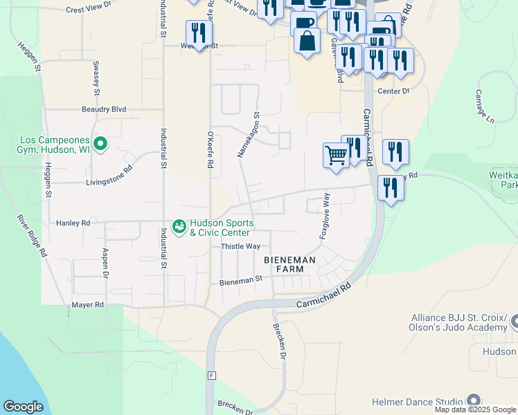 map of restaurants, bars, coffee shops, grocery stores, and more near 1600 Namekagon Street in Hudson