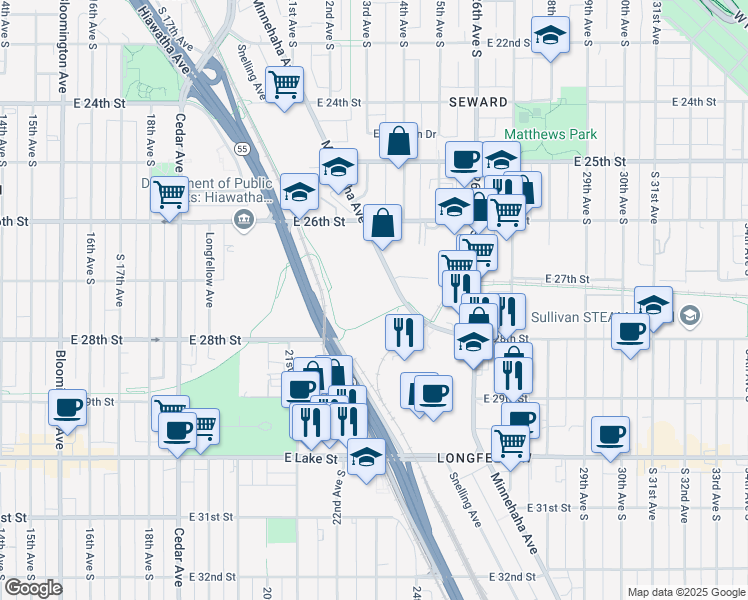map of restaurants, bars, coffee shops, grocery stores, and more near 2650 Minnehaha Ave in Minneapolis